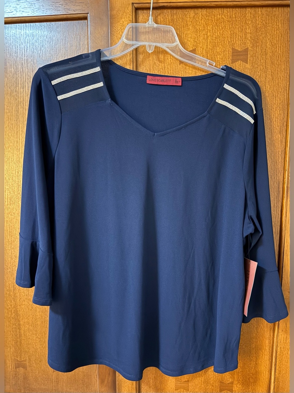 Love Scarlett Navy V-Neck Blouse with Silver Stripes on Shoulder